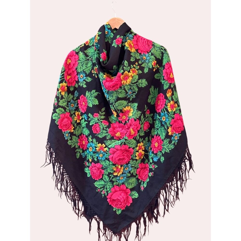 Vintage Floral Wool Fringed Shawl 57" x 59" Cottagecore Folkcore Granny Chice